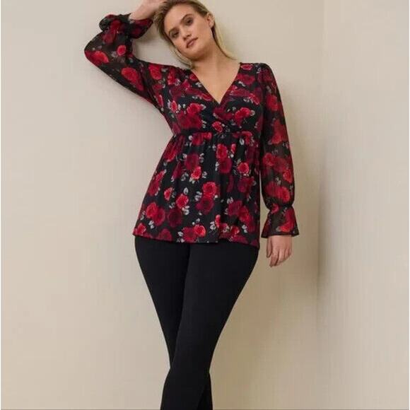 Torrid Rose Print V-Neck Blouse Sheer Ruffle Long Sleeve Top Plus Size 1 1X - Picture 1 of 15